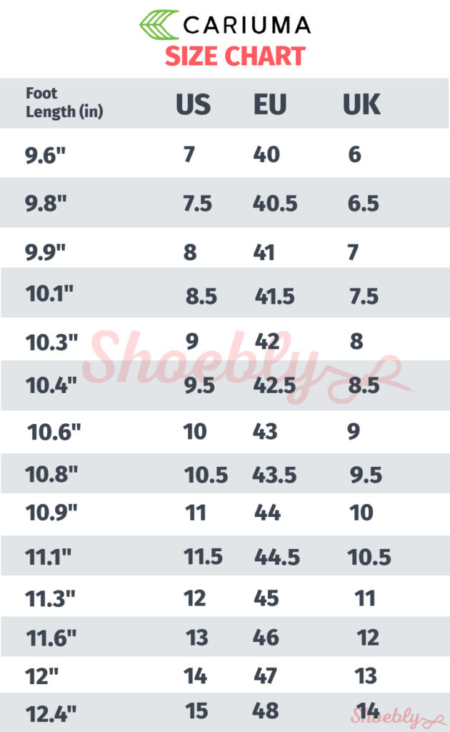 Cariuma Sizing Chart Shoebly