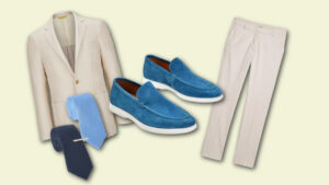 styling blue shoes with a suit - cream linen suit, light blue tie and a pair of cerulean shoes