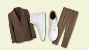 best sneakers to wear with a suit - Thursday Boots Premier High Top with a brown suit