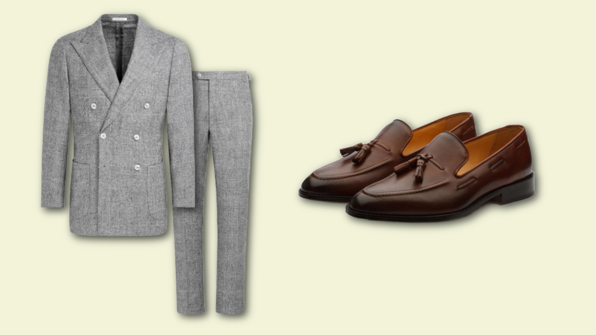can you wear loafers with a suit - mens light grey suit & leather tassel loafers