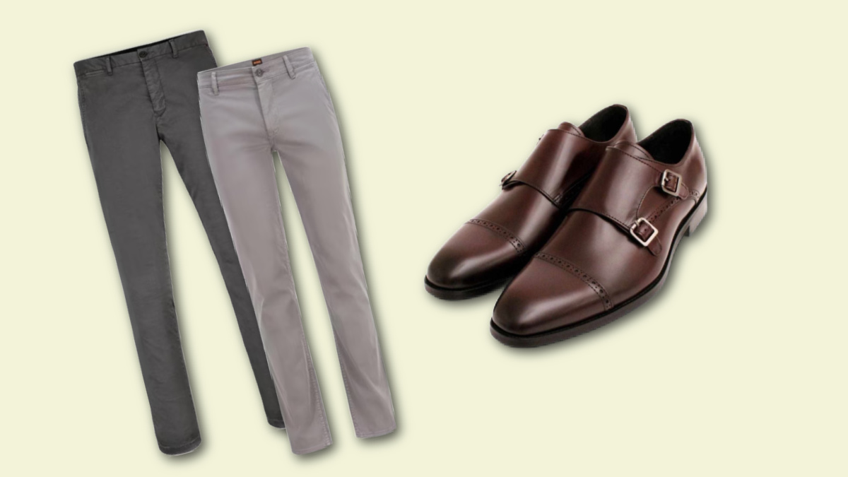 how to wear brown shoes with grey pants - two grey pants for men & brown double monk-strap shoes
