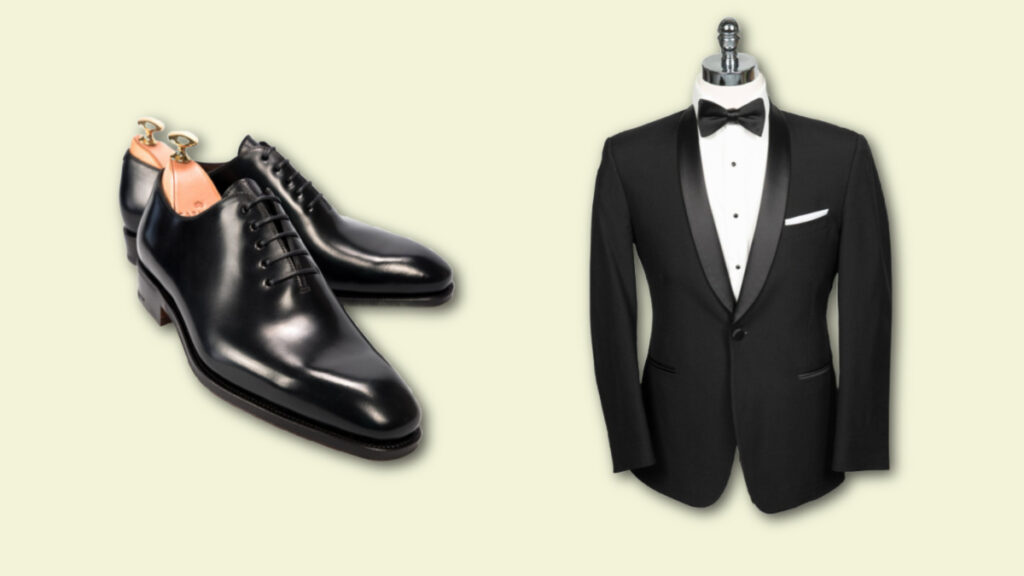 best tuxedo shoes for men - Carmina Cordovan Wholecut Oxford & black shawl collar tux