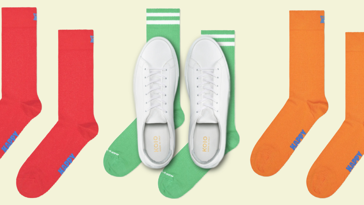 color socks with white sneakers - koio white sneakers with colored socks on the background